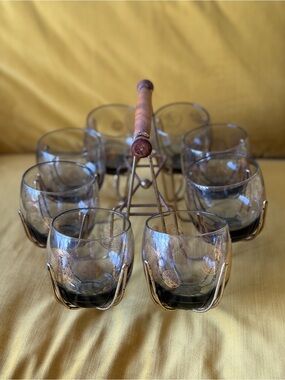 Vintage Smoke Glass Tumbler Set with Metal Carrier - Gray